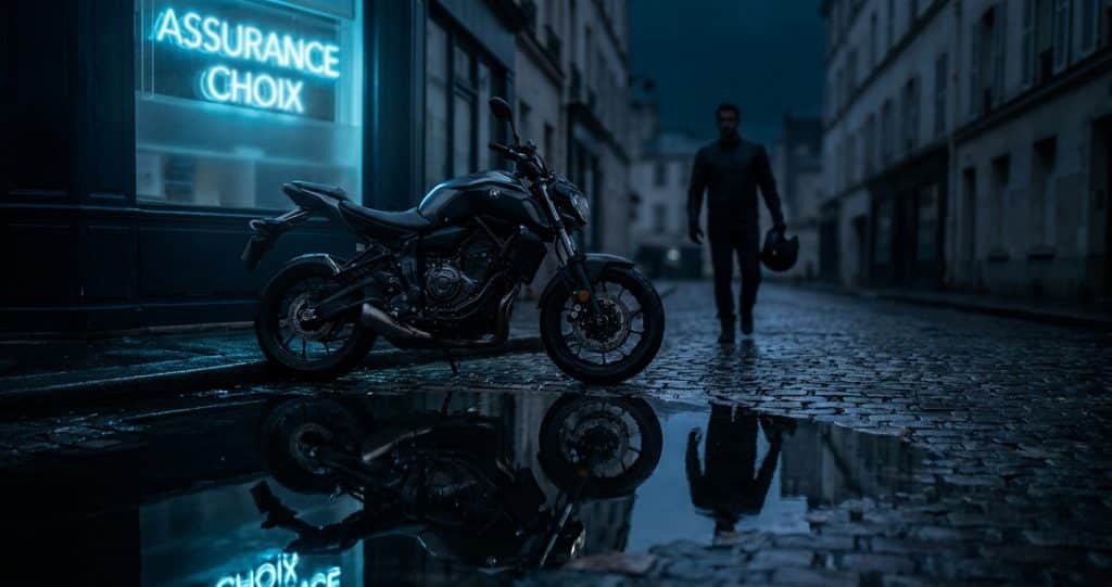 Moto A2 garée rue parisienne nocturne, reflets bleus évoquant choix assurance tiers ou tous risques