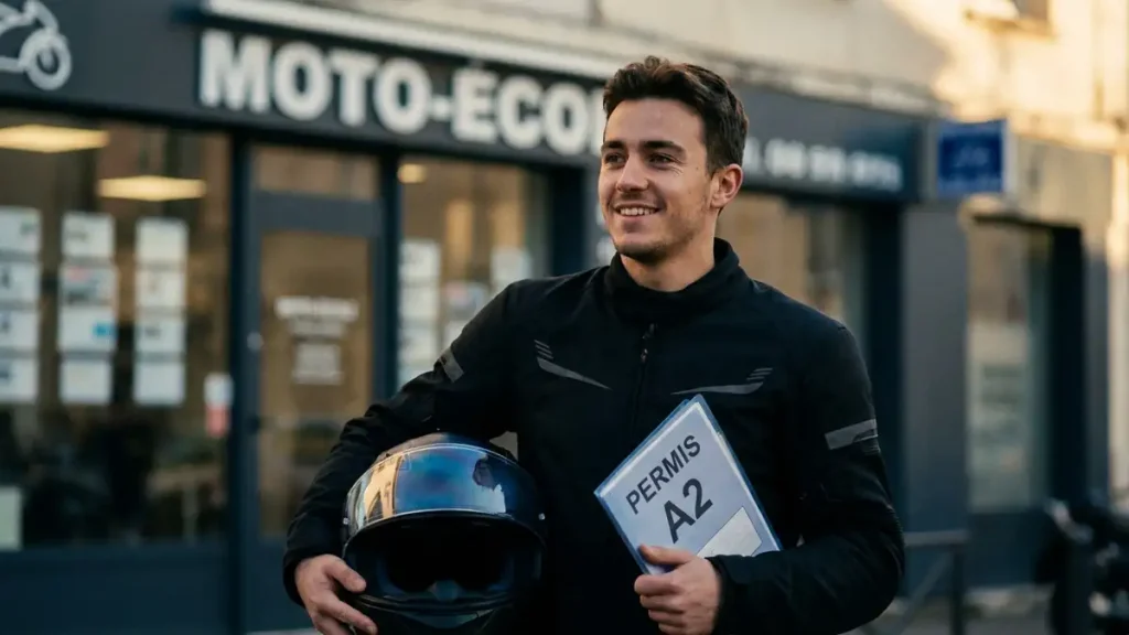 Jeune motard A2 sortant de son auto-école après inscription au permis moto