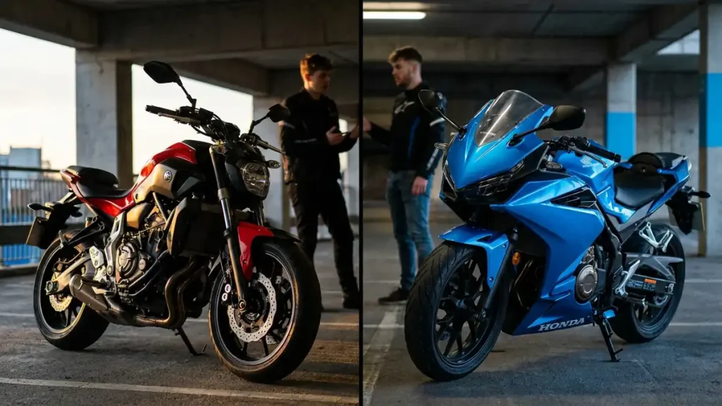 Comparatif roadster MT-07 rouge et sportive CBR500R bleue pour permis A2