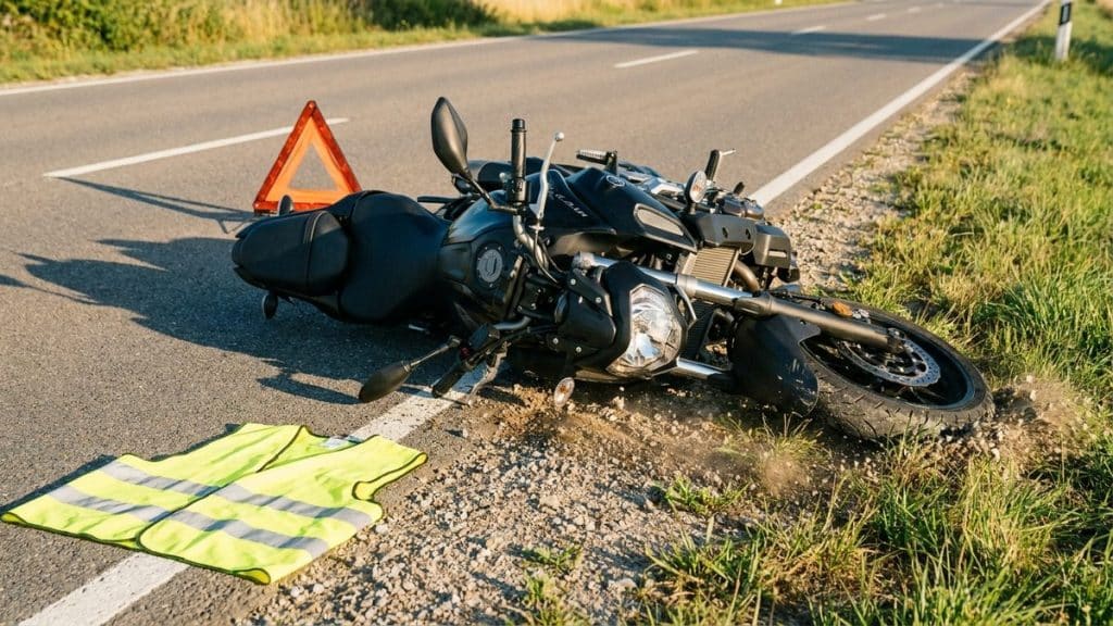 Moto roadster A2 noire au sol bord route gilet jaune triangle securite apres chute legere