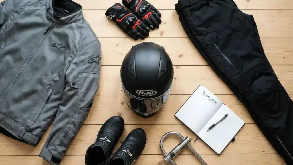 Texte alternatif : Honda CB500F garée près d'équipement complet motard A2 casque blouson gants bottes prêt à utiliser