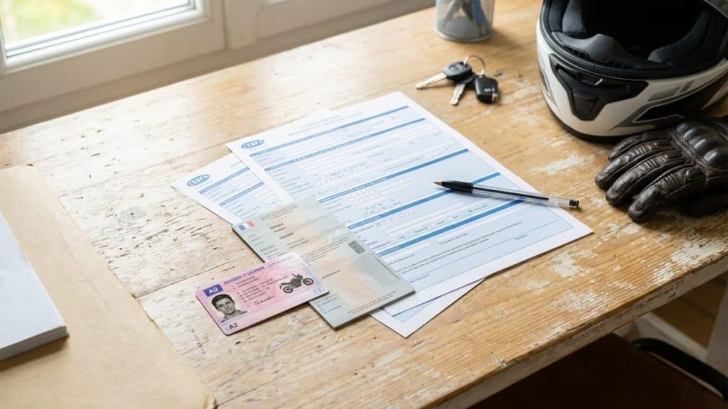 Documents demarches prefecture carte grise permis A2 CERFA stylo flat-lay fond bois