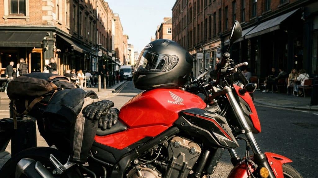 Casque moto integral noir mat HJC pose sur reservoir Honda CB500 A2 rouge en ville matinale