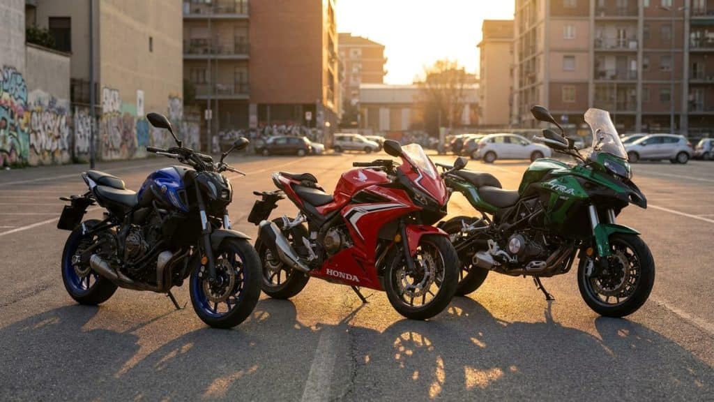 Trois motos A2 alignees roadster MT-07 bleu sportive CBR500R rouge trail TRK 502 vert parking coucher soleil