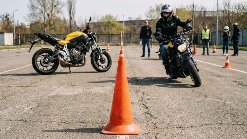 Plot orange examen plateau moto A2 sur piste auto-ecole avec Yamaha MT-07 jaune motard concentre