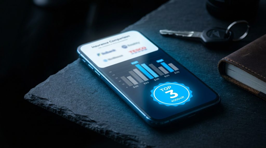 Smartphone tableau comparaison assureurs moto A2 colonnes prix garanties fond ardoise sombre néon bleu