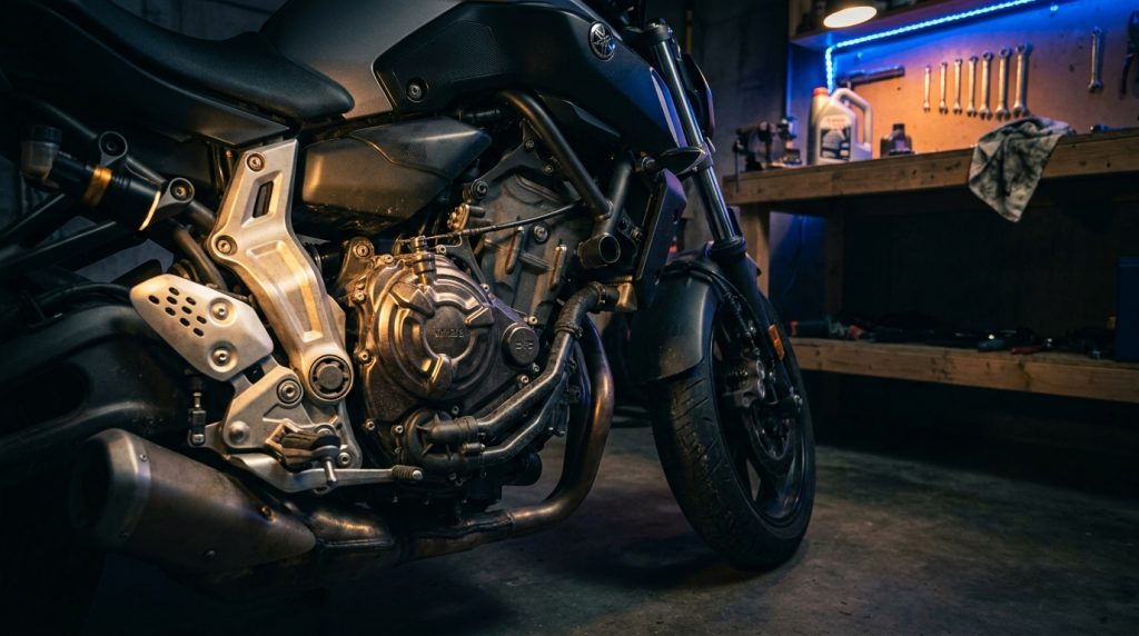 Détail moteur moto A2 occasion garage privé éclairé tungstène lampe inspection sans humain