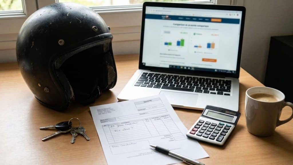 Flat-lay desk maison casque moto noir devis papier assurance ordinateur comparateur calculatrice cafe
