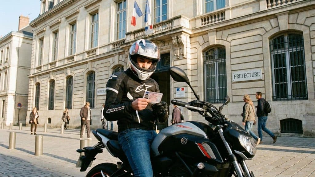Jeune motard A2 verifie document reforme permis 2026 devant prefecture francaise lumiere matinale