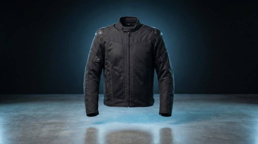 Blouson moto textile noir homologue CE avec coques aux epaules, fond bleu studio