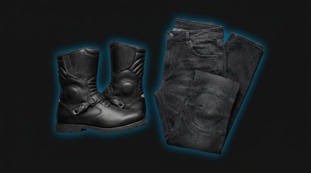 Botte moto noire a coque et pantalon moto sombre, fond charbon accent bleu, equipement A2