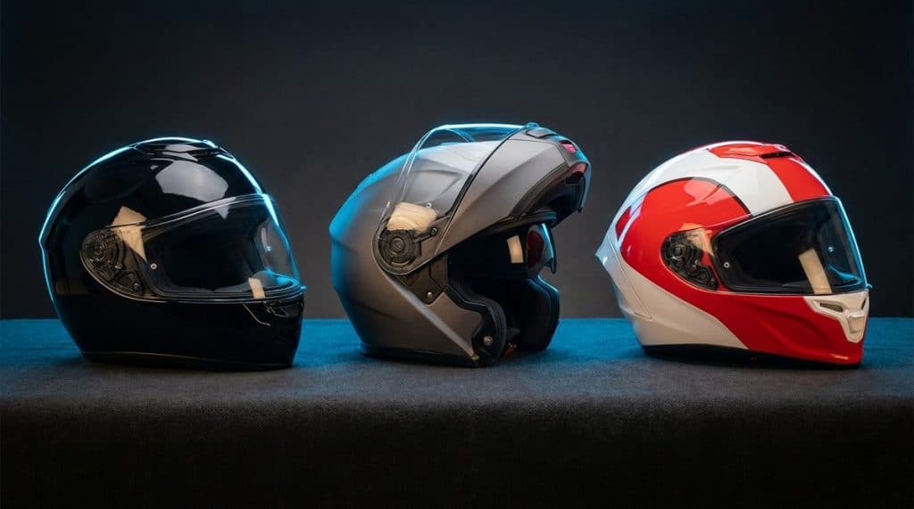 Trois casques moto débutant alignés : intégral, modulable et sport, éclairage studio bleu