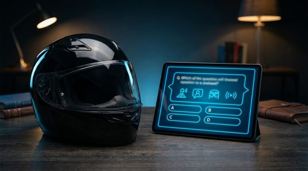 Casque moto et tablette affichant un QCM de code moto ETM, ambiance studio sombre