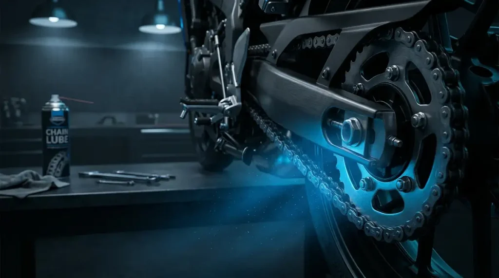 Gros plan chaîne et couronne de moto A2 dans un garage sombre, bombe de graisse et outils sur l'établi, accent bleu
