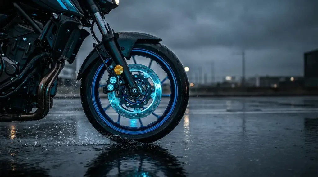 Roue avant de moto A2 en plein freinage d'urgence sur asphalte mouillé, fourche compressée, accent bleu sur le disque de frein
