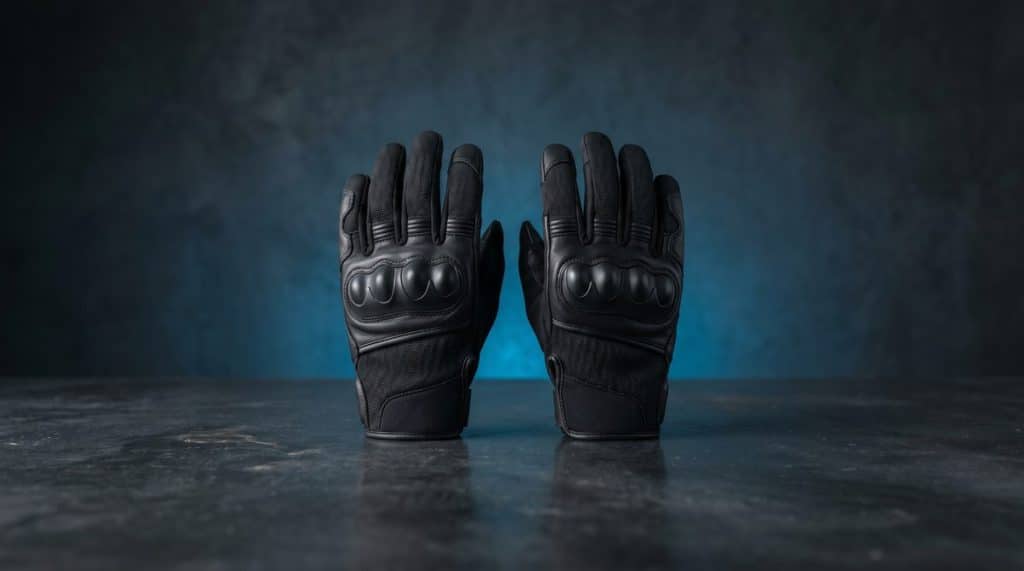Paire de gants moto noirs homologues CE avec coque de protection aux articulations, fond bleu studio
