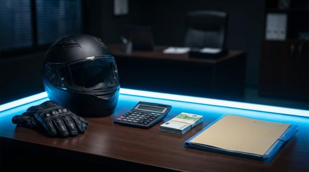 Casque et gants moto posés sur un bureau avec calculatrice, billets et dossier de financement CPF