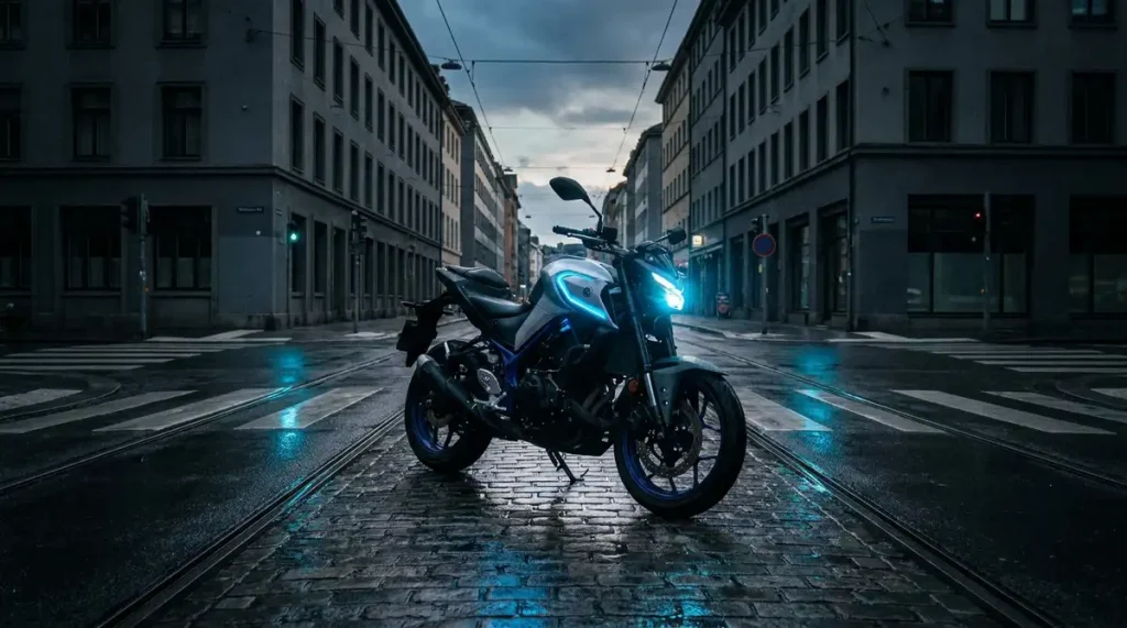 Moto A2 garée à un carrefour urbain mouillé au crépuscule, rails de tram et marquages au sol, ambiance sombre accent bleu
