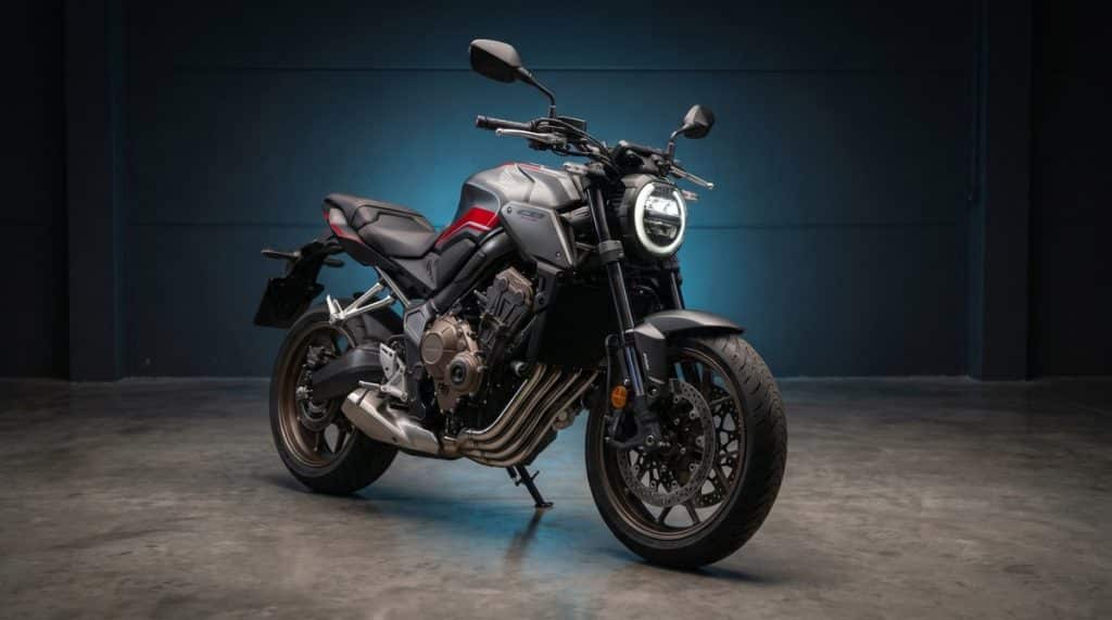 Honda CB650R grise et rouge, roadster A2 quatre-cylindres Neo Sports Cafe, vue trois-quarts avant en studio