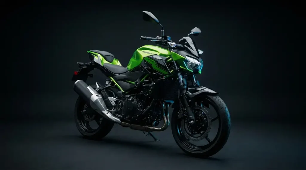 Kawasaki Z500 2026 vert lime et noir style Sugomi en studio sombre, vue trois quarts avant dynamique