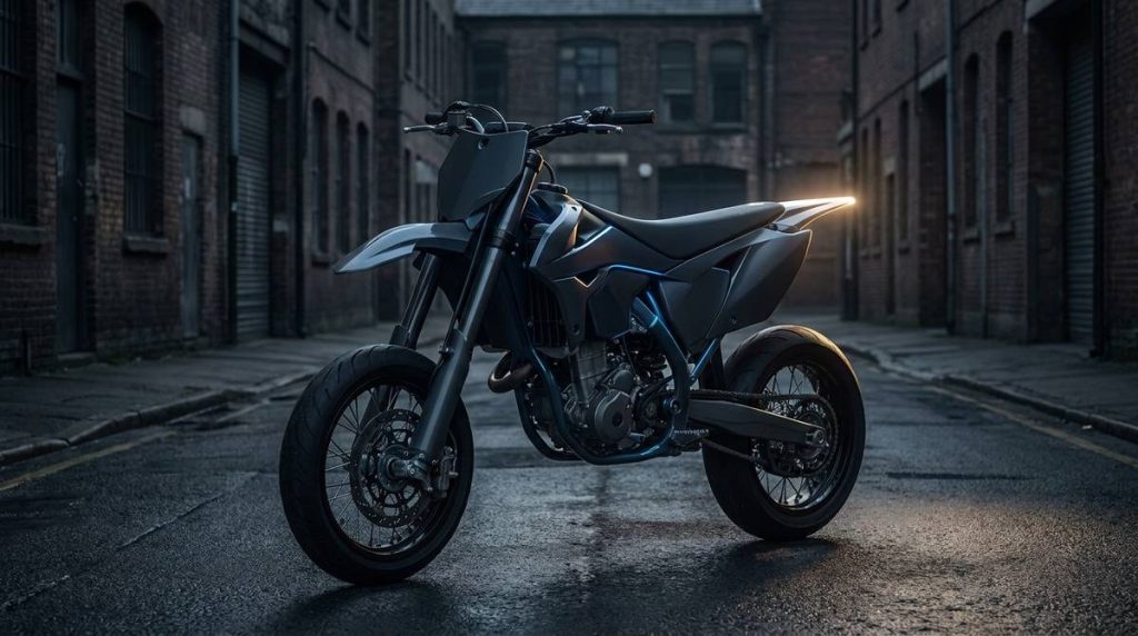 Supermoto A2 générique à selle haute et grandes roues route, sur une rue urbaine déserte au crépuscule, ambiance charbon et accent bleu électrique.