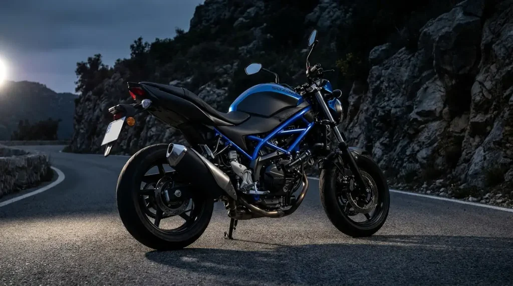 Suzuki SV650 bleu et noir avec V-twin apparent sur route de montagne déserte au crépuscule, accent bleu