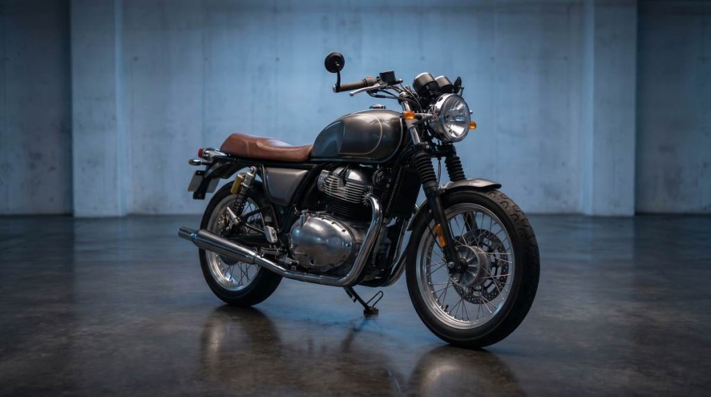 Roadster neo-retro cafe-racer A2 photo studio realiste, sol beton, ambiance bleue douce, centre, ZERO humain
