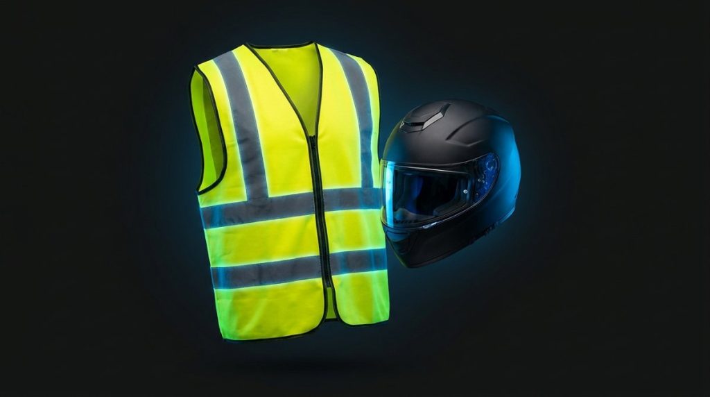 Gilet moto haute-visibilite jaune fluo a bandes reflechissantes et casque integral, securite A2